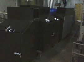 Custom steel welded garbage pail bins,primed and painted black with chrome locks,4 inch wheels,galvanized backs and bottoms