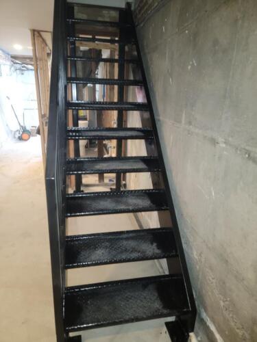 Open tread basement interior diamond plate metal staircases square tube railing support posts, forest hills queens ny